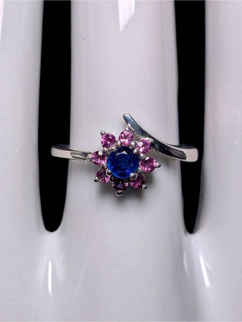 Vintage Flower Genuine Blue Sapphire and Simulated Pink Sapphire Halo Sterling